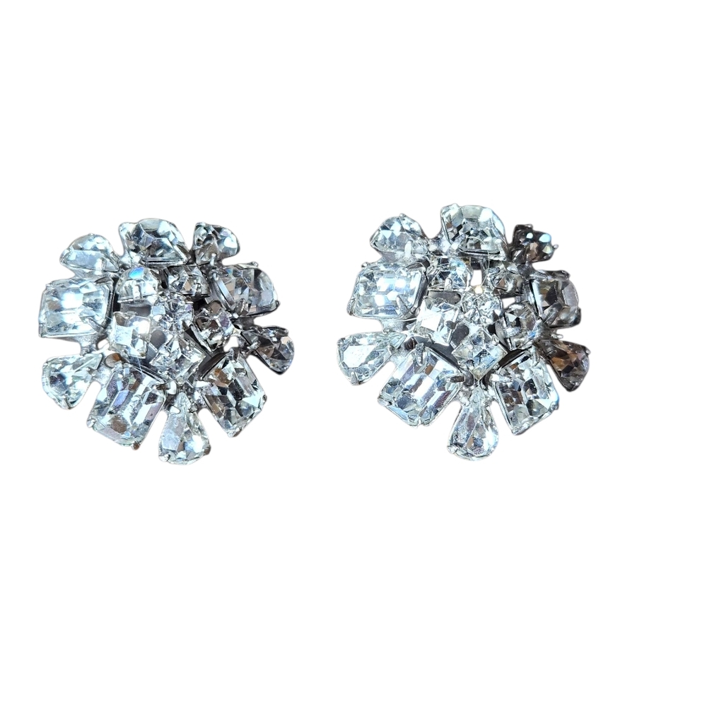 Elegant Silver Tone and Rhinestone Clip On Earrings.